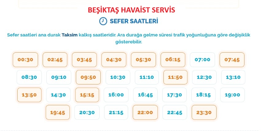 Beşiktaş Havaist Sefer Saatleri